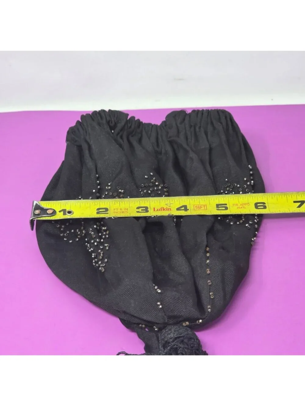 Antique Black Drawstring Beaded Purse Tassel & Rhinestone Detailing  Vintage Bag